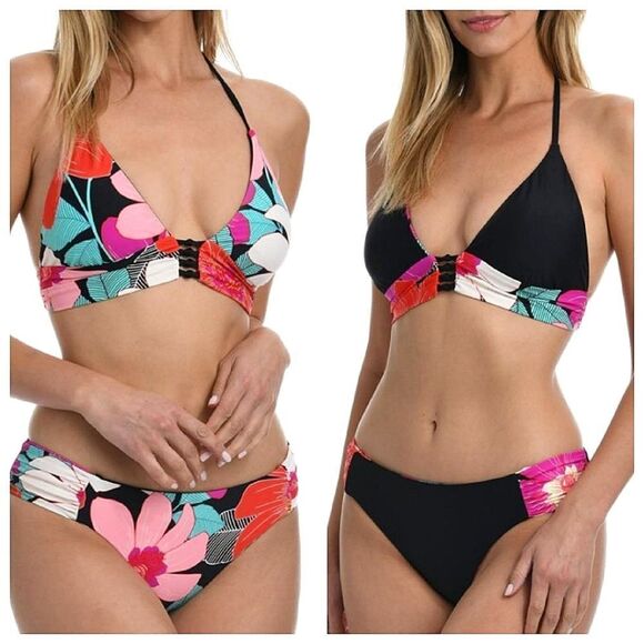 LA BLANCA IN FULL BLOOM REVERSIBLE BANDED HALTER BIKINI Banded hipster bottom 8 - Picture 1 of 16
